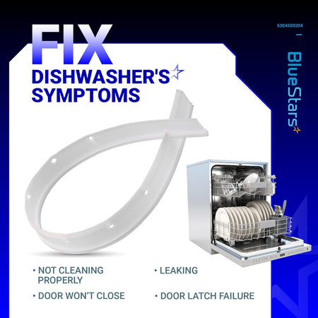 5304500204 dishwasher bottom door gasket replacement part shown with dishwasher troubleshooting symptoms graphic.