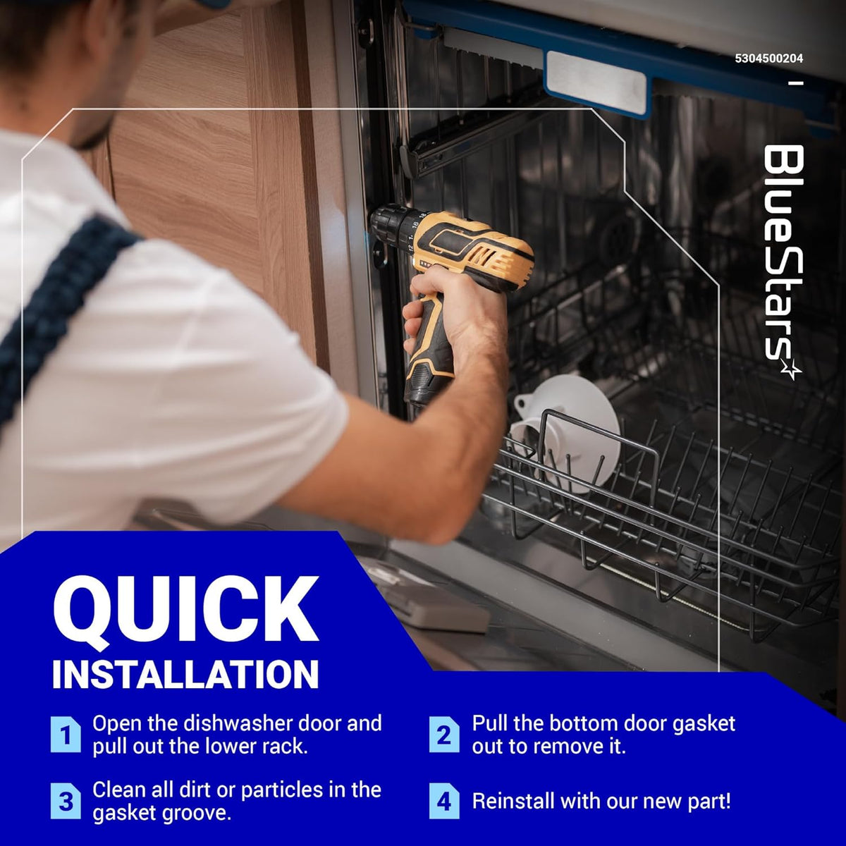 Technician using a drill to install a 5304500204 dishwasher bottom door gasket replacement.