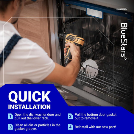 Technician using a drill to install a 5304500204 dishwasher bottom door gasket replacement.