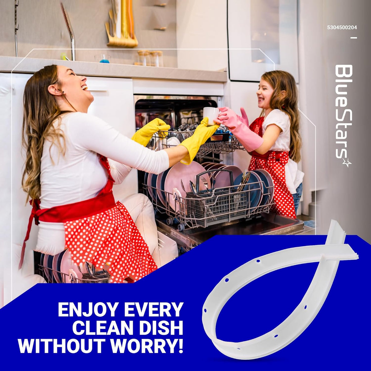5304500204 dishwasher bottom door gasket replacement shown in a lifestyle graphic with a mother and daughter.