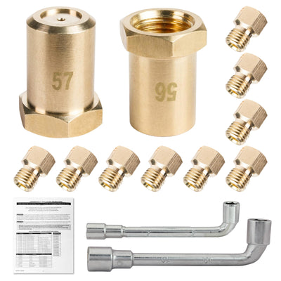 GRLP5 LP gas conversion kit for Frigidaire ranges including brass orifices, installation tool, and instruction manual.