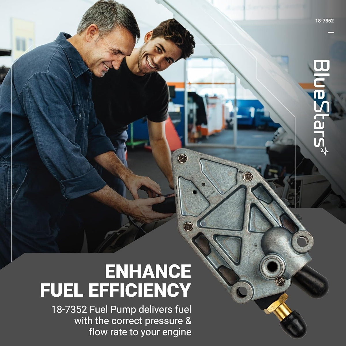 18-7352 fuel pump promotional graphic featuring mechanics working on an engine.