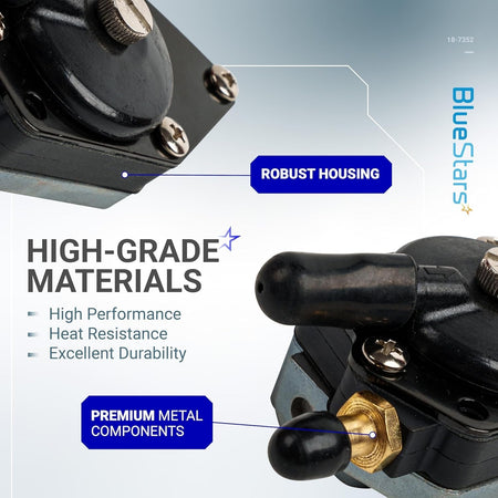Close-up infographic of 18-7352 fuel pump highlighting robust housing and premium metal components.