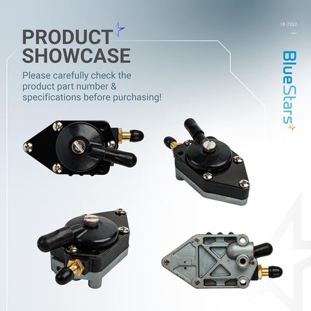 Multiple angles of 438556 18-7352 fuel pump showing top, side, and bottom views.