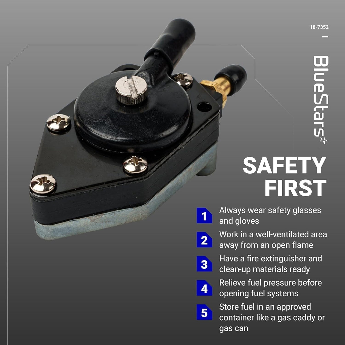 438556 18-7352 fuel pump replacement part with safety instructions infographic.