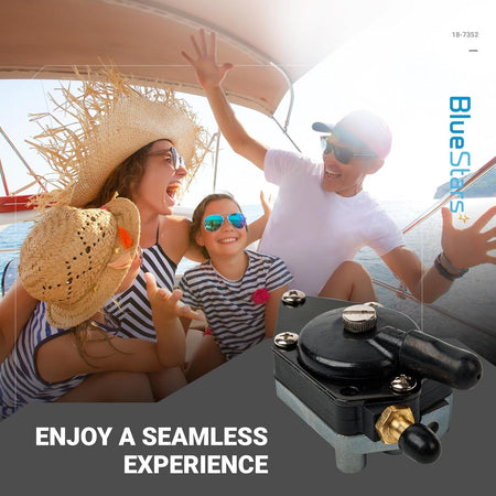 18-7352 fuel pump replacement part shown in a lifestyle graphic with a family on a boat.