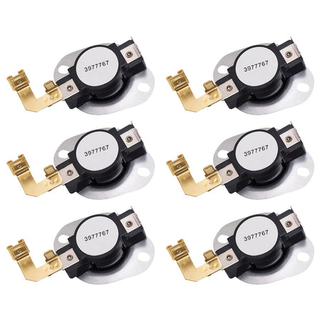 Set of six 3977767 dryer thermostat replacements for Whirlpool and Kenmore dryers.