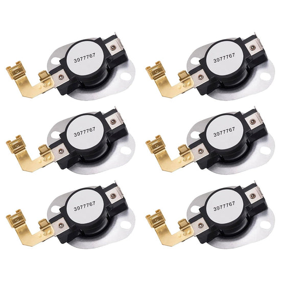 Set of six 3977767 dryer thermostat replacements for Whirlpool and Kenmore dryers.