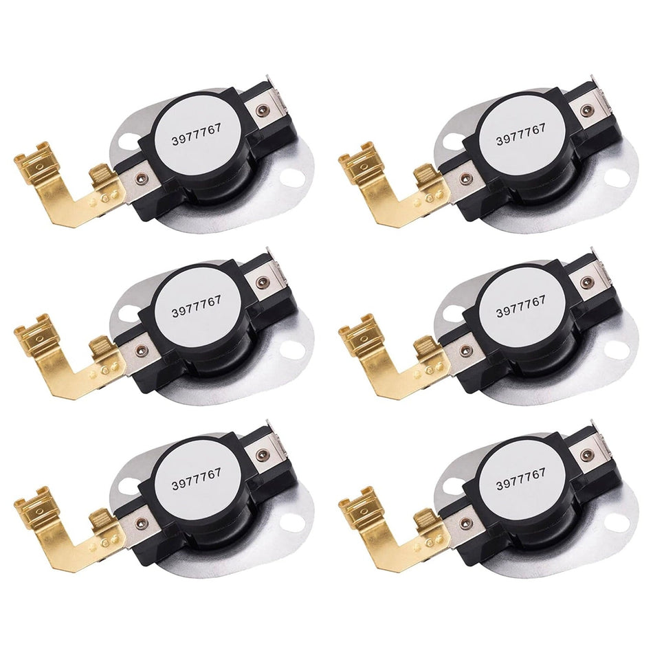 Set of six 3977767 dryer thermostat replacements for Whirlpool and Kenmore dryers.