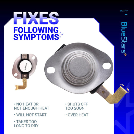 3977767 dryer thermostat replacement showing symptoms fixed, compatible with Whirlpool and Kenmore dryers.