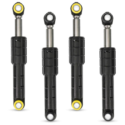 Set of four black and yellow shock absorbers for Samsung washing machines.