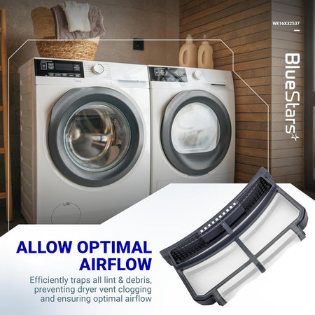 WE16X32537 dryer lint filter trap screen replacement for GE dryers shown in a promotional product graphic.