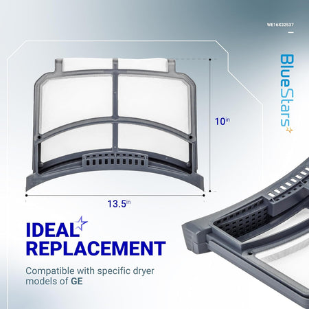 WE16X32537 dryer lint filter screen showing 10-inch by 13.5-inch dimensions for GE dryer compatibility.