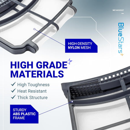 Close-up of WE16X32537 dryer lint filter screen showing high-density nylon mesh and sturdy ABS plastic frame construction.