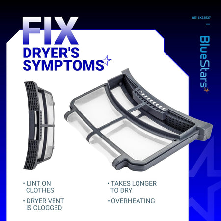 WE16X32537 dryer lint filter trap screen shown from two angles to help fix common dryer performance issues.
