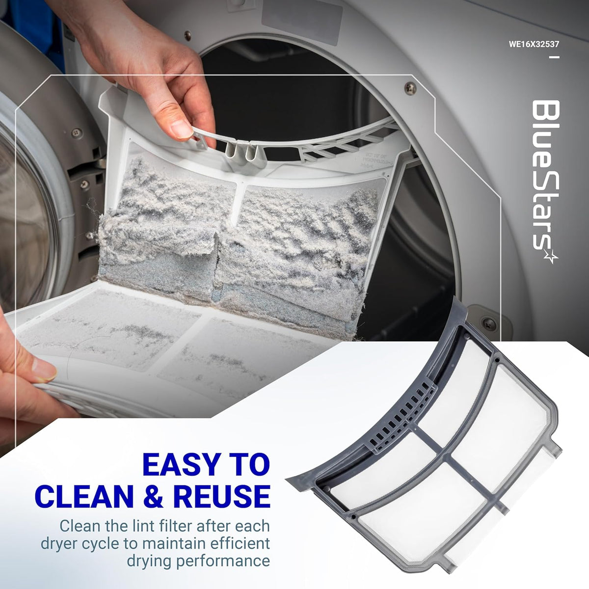 WE16X32537 dryer lint filter screen being removed from a GE dryer for cleaning.