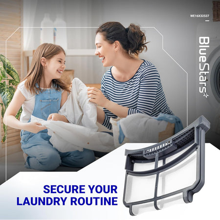 WE16X32537 dryer lint filter trap screen replacement for GE dryers shown in a lifestyle marketing graphic.