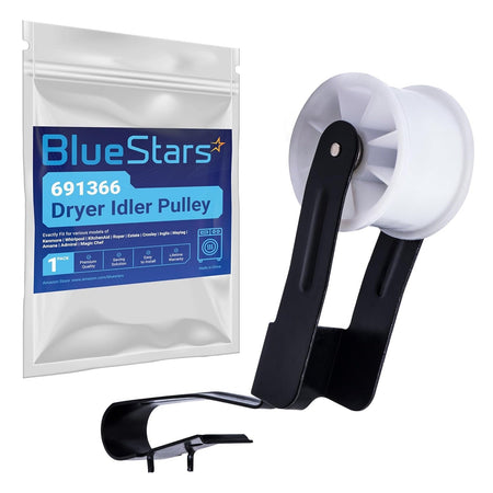 691366 dryer idler pulley replacement with mounting bracket and BlueStars branded packaging.