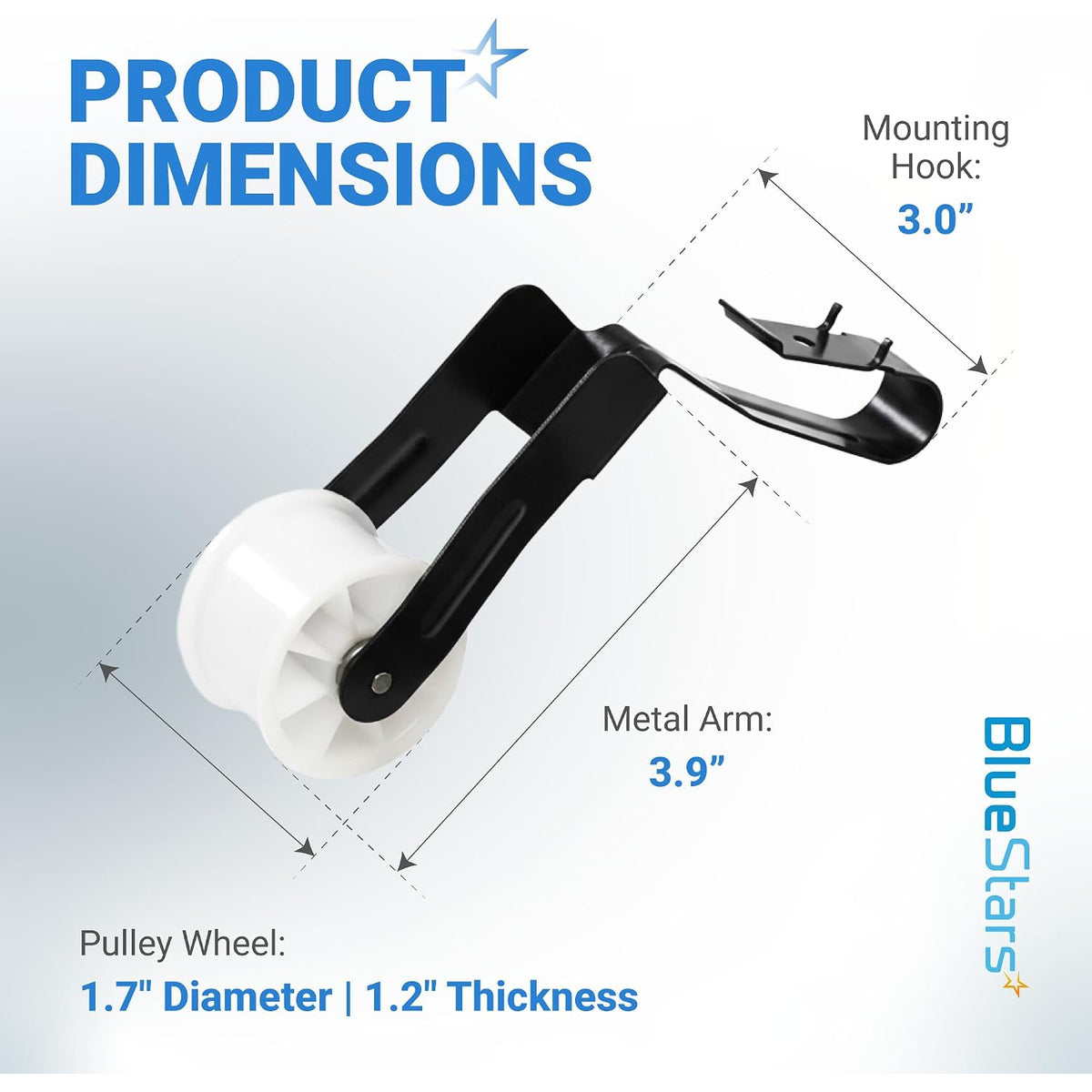 691366 Dryer Idler Pulley dimensions diagram: 1.7" wheel diameter, 1.2" thickness, 3.9" arm, 3.0" hook