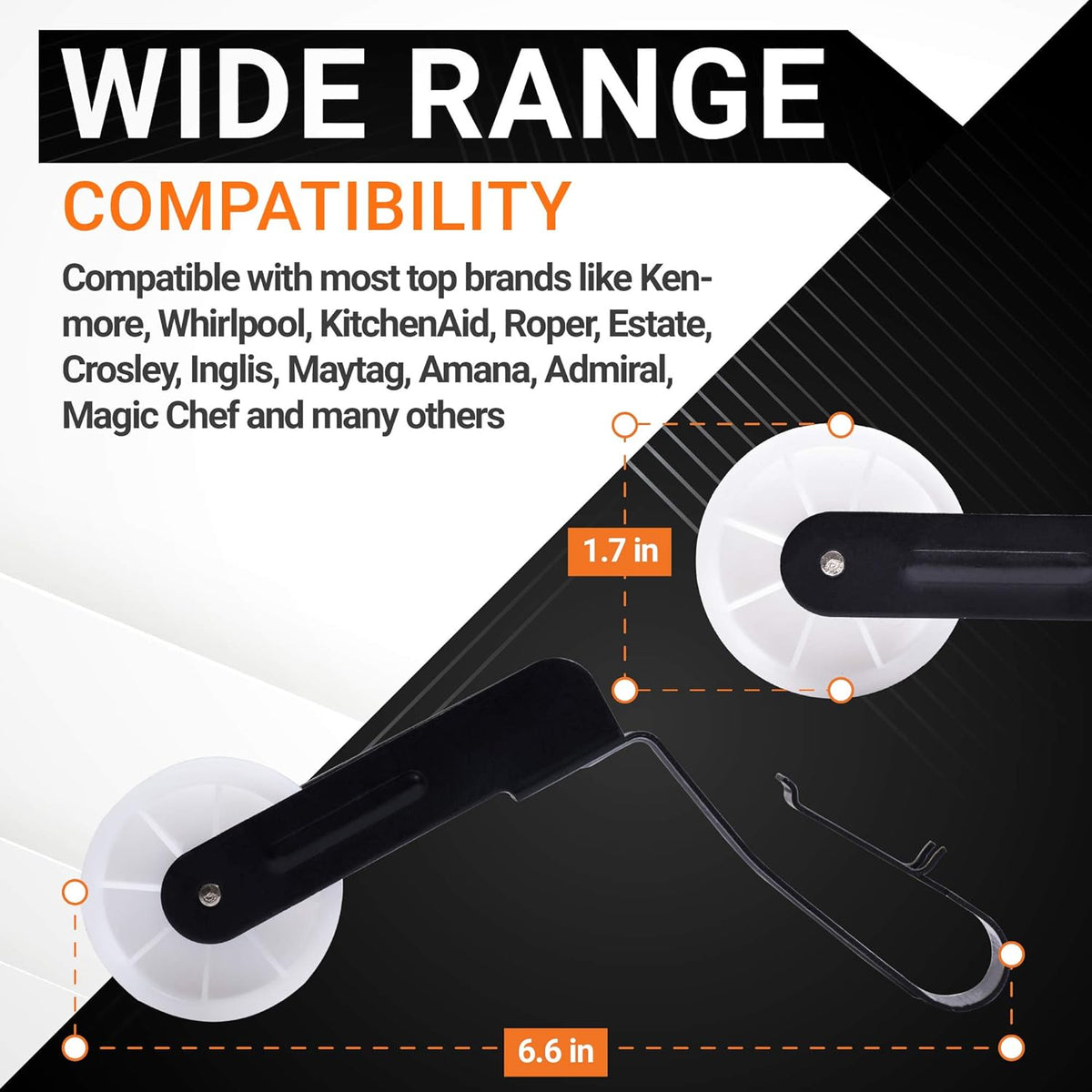 Infographic showing 691366 dryer idler pulley dimensions and wide brand compatibility for Whirlpool and Kenmore dryers.