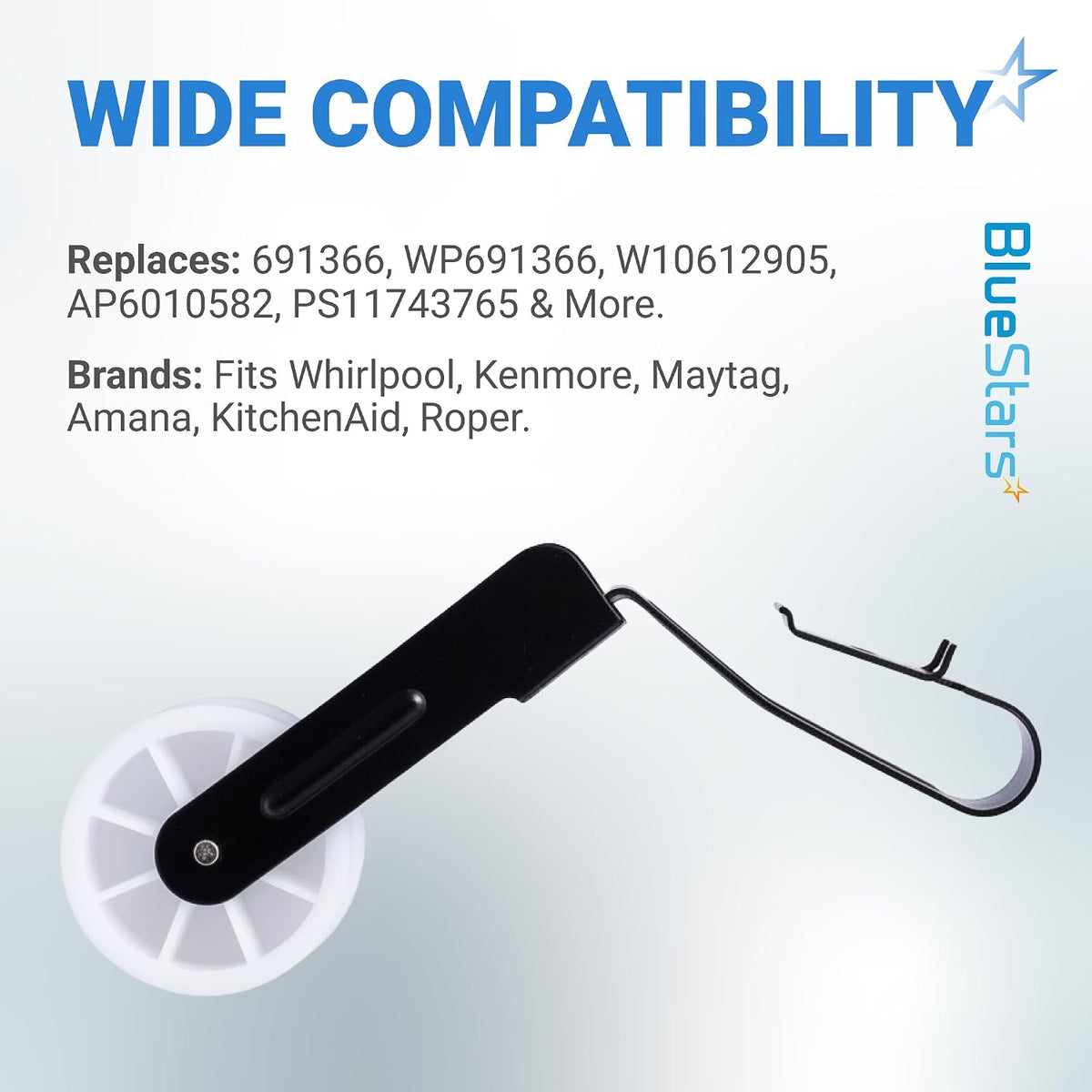 691366 Dryer Idler Pulley shown with attached arm and wide compatibility and replacement-number text