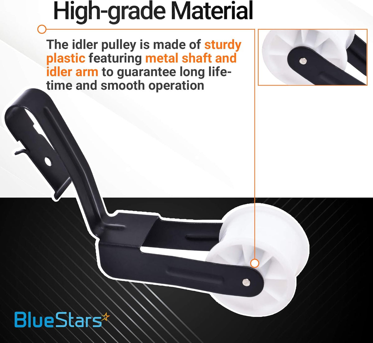 691366 dryer idler pulley with metal arm and white plastic wheel, showing high-grade material construction.