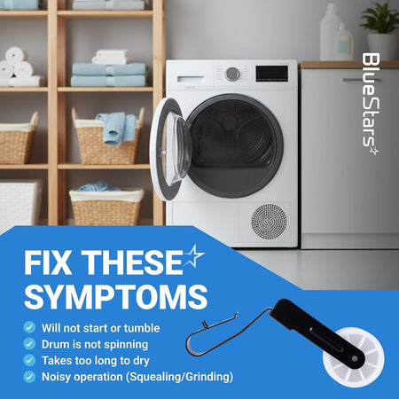 691366 Dryer Idler Pulley, symptom graphic showing a front-load dryer, pulley, and listed dryer problems
