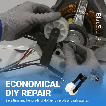 691366 Dryer Idler Pulley shown being installed inside a dryer by gloved hands