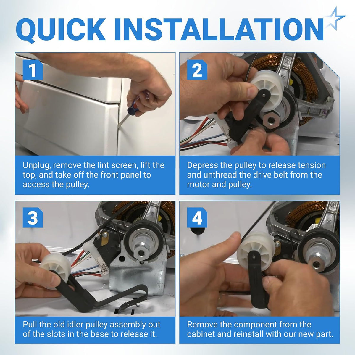 691366 Dryer Idler Pulley - Quick installation guide showing removal of the old pulley and belt and installation of the new p