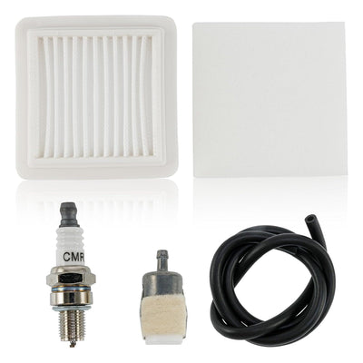 Air filter, spark plug, fuel filter, and fuel line maintenance kit for Echo and Shindaiwa trimmers.