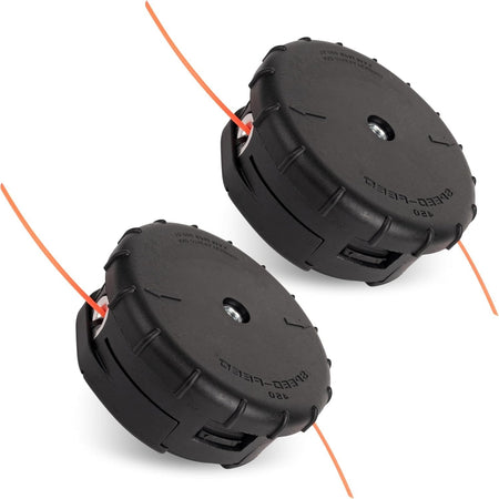 Two Speed-Feed 450 trimmer heads with pre-installed orange cutting line for Echo string trimmers.