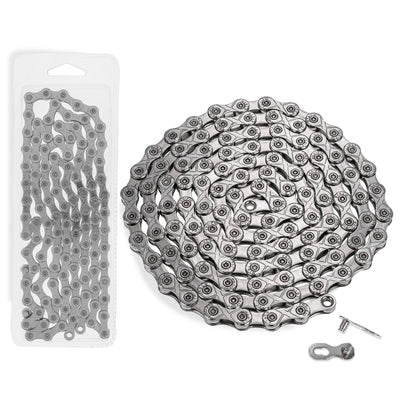 10-speed bicycle chain coiled next to its plastic packaging and included quick link connector.