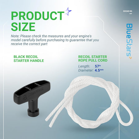 Size chart for GX390 recoil starter handle and 57-inch pull cord for Honda GX series generators.