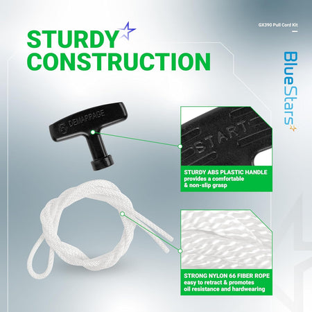 Infographic showing GX390 recoil starter handle and nylon pull rope with close-up details of construction materials.