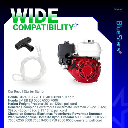 Recoil starter handle and pull rope for Honda GX240 GX390 and compatible generator engines.