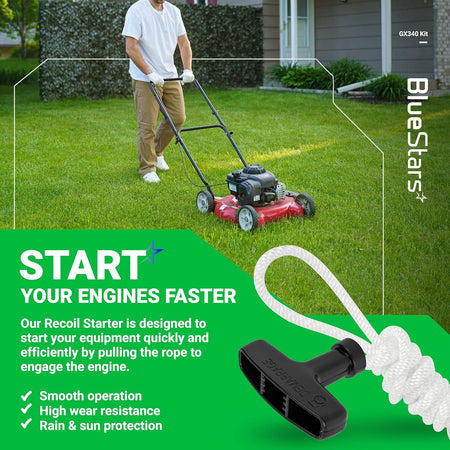 GX390 recoil starter handle and pull rope for Honda GX series engines shown in a lifestyle marketing graphic.