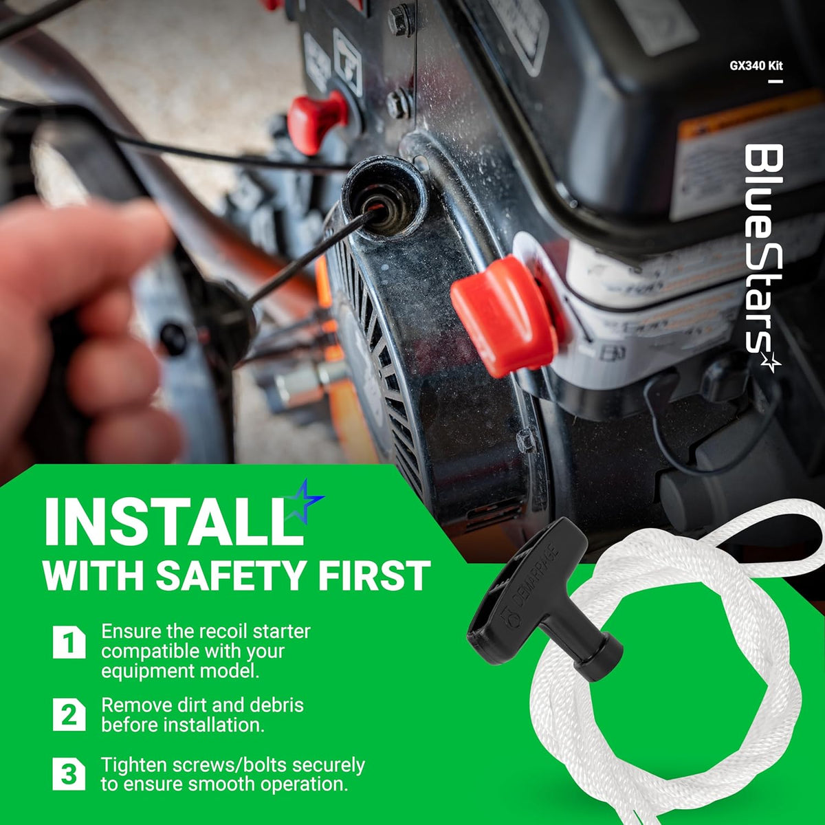 Instructional graphic showing GX390 recoil starter handle and rope installation on a generator engine.