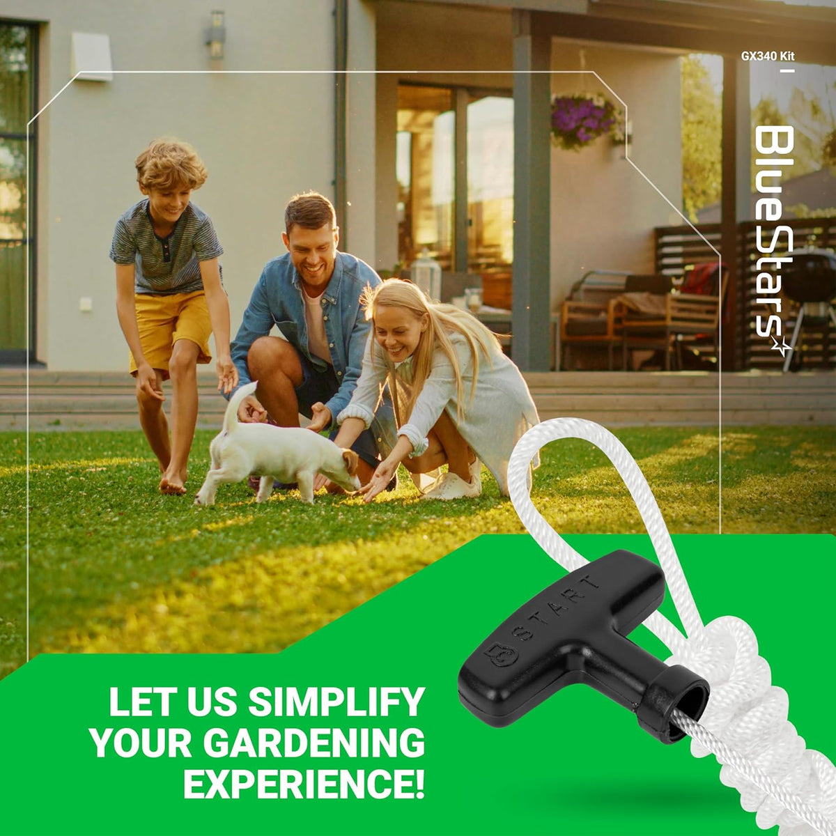 Black recoil starter handle with white pull rope for Honda GX390 generator engines.