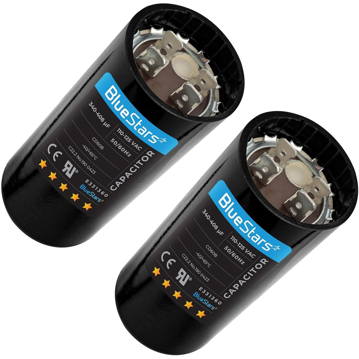 Two BlueStars 340-408 uF 110-125 VAC round start capacitors for single-phase motors.
