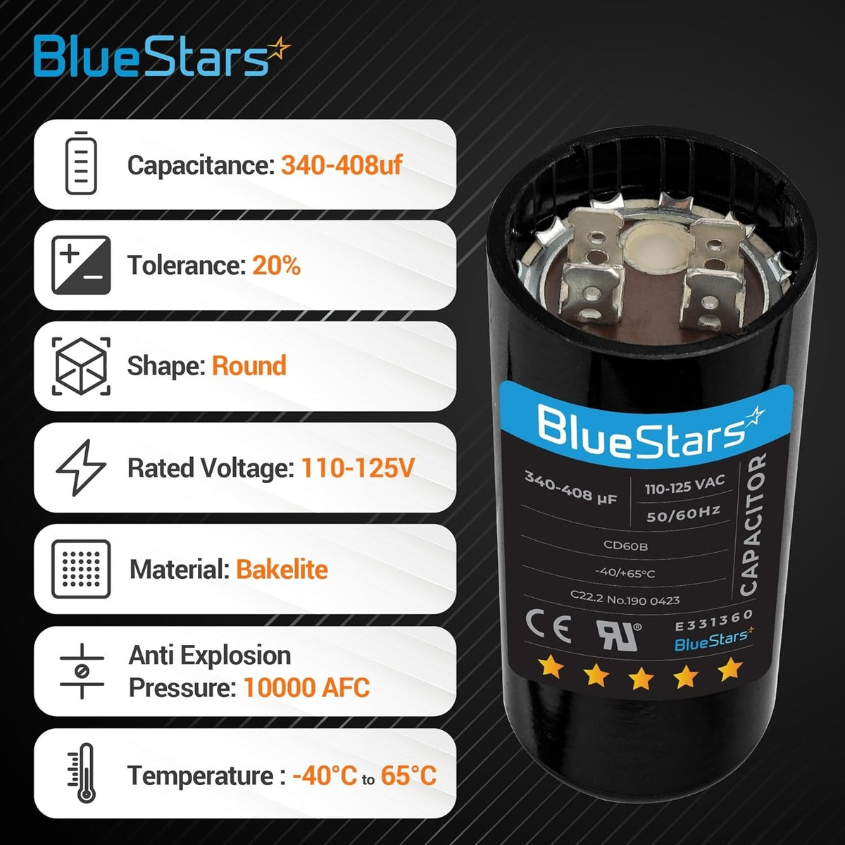 BlueStars 340-408 uF 110-125 VAC round start capacitor with technical specifications infographic.