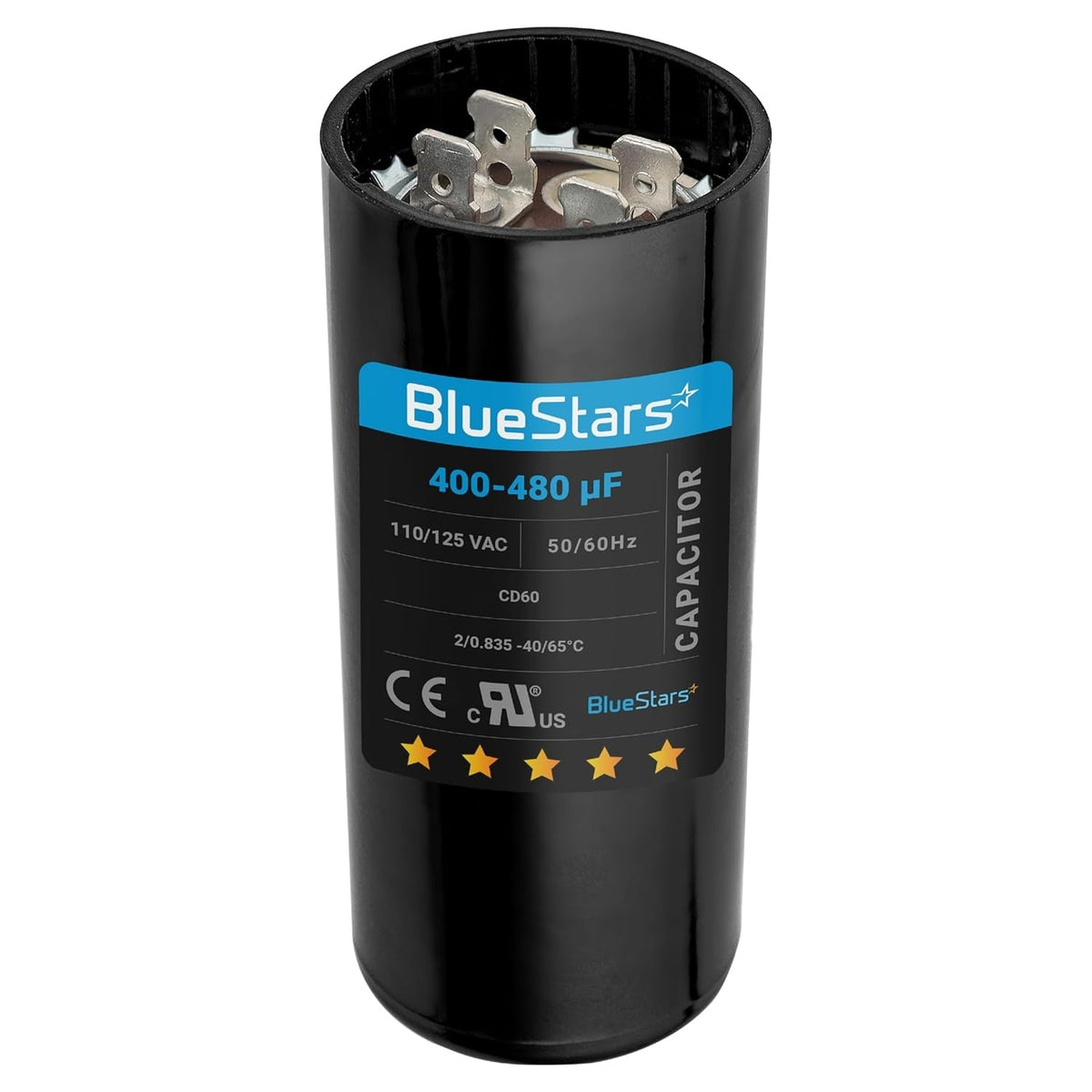 BlueStars 400-480 uF 110-125 VAC round motor start capacitor with terminal connectors.