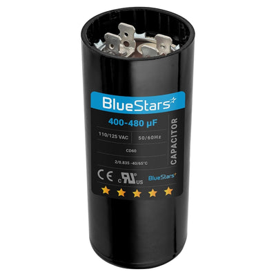 BlueStars 400-480 uF 110-125 VAC round motor start capacitor with terminal connectors.