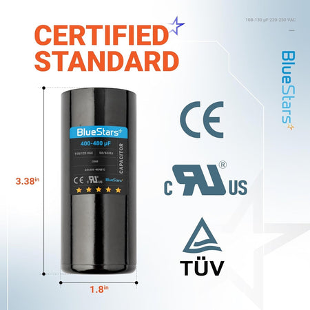 BlueStars 400-480 uF 110-125 VAC round motor start capacitor with 3.38-inch height and 1.8-inch diameter dimensions.