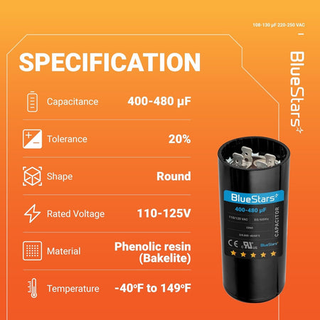 Specification chart for 400-480 uF 110-125 VAC round motor start capacitor with technical details.