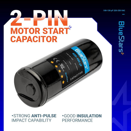 BlueStars 400-480 uF 110-125 VAC round motor start capacitor with 2-pin design.