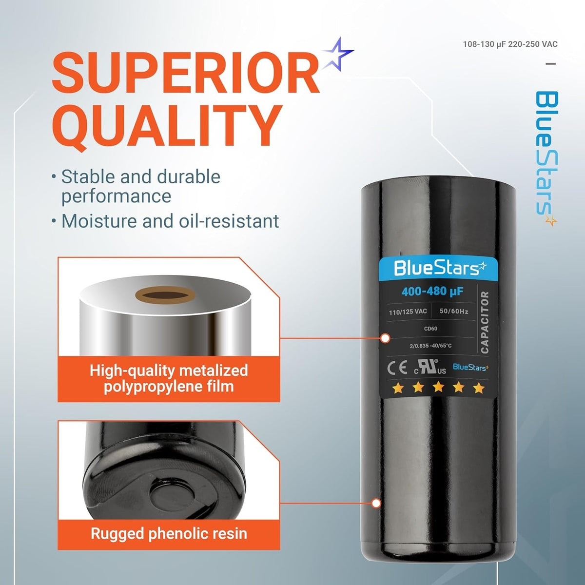 BlueStars 400-480 uF 110-125 VAC round motor start capacitor showing material construction and product specifications.
