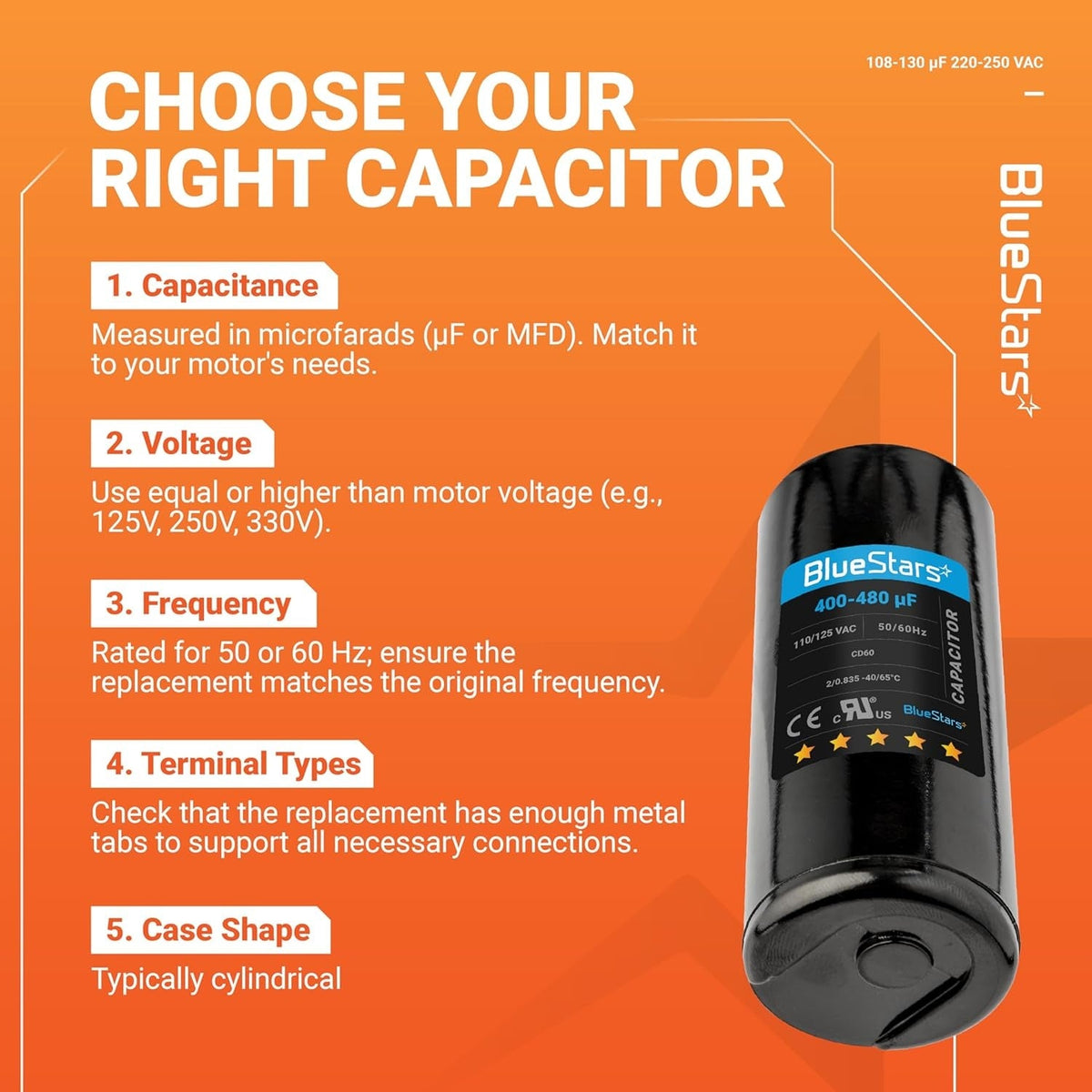 BlueStars 400-480 uF 110-125 VAC round motor start capacitor with selection guide infographic.