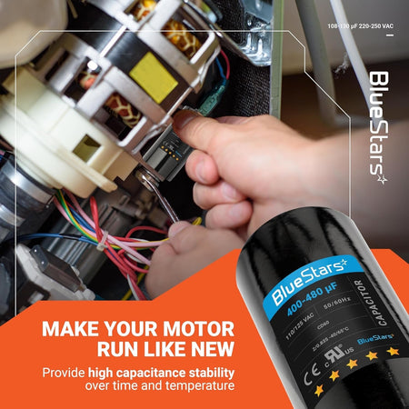 BlueStars 400-480 uF 110-125 VAC round motor start capacitor being installed in an appliance motor.