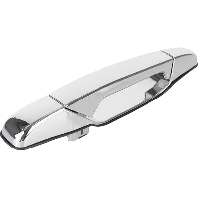 Front right passenger side exterior chrome door handle isolated on white background.