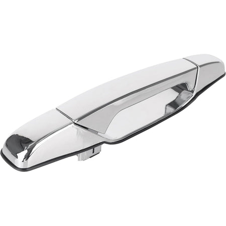 Front right passenger side exterior chrome door handle isolated on white background.